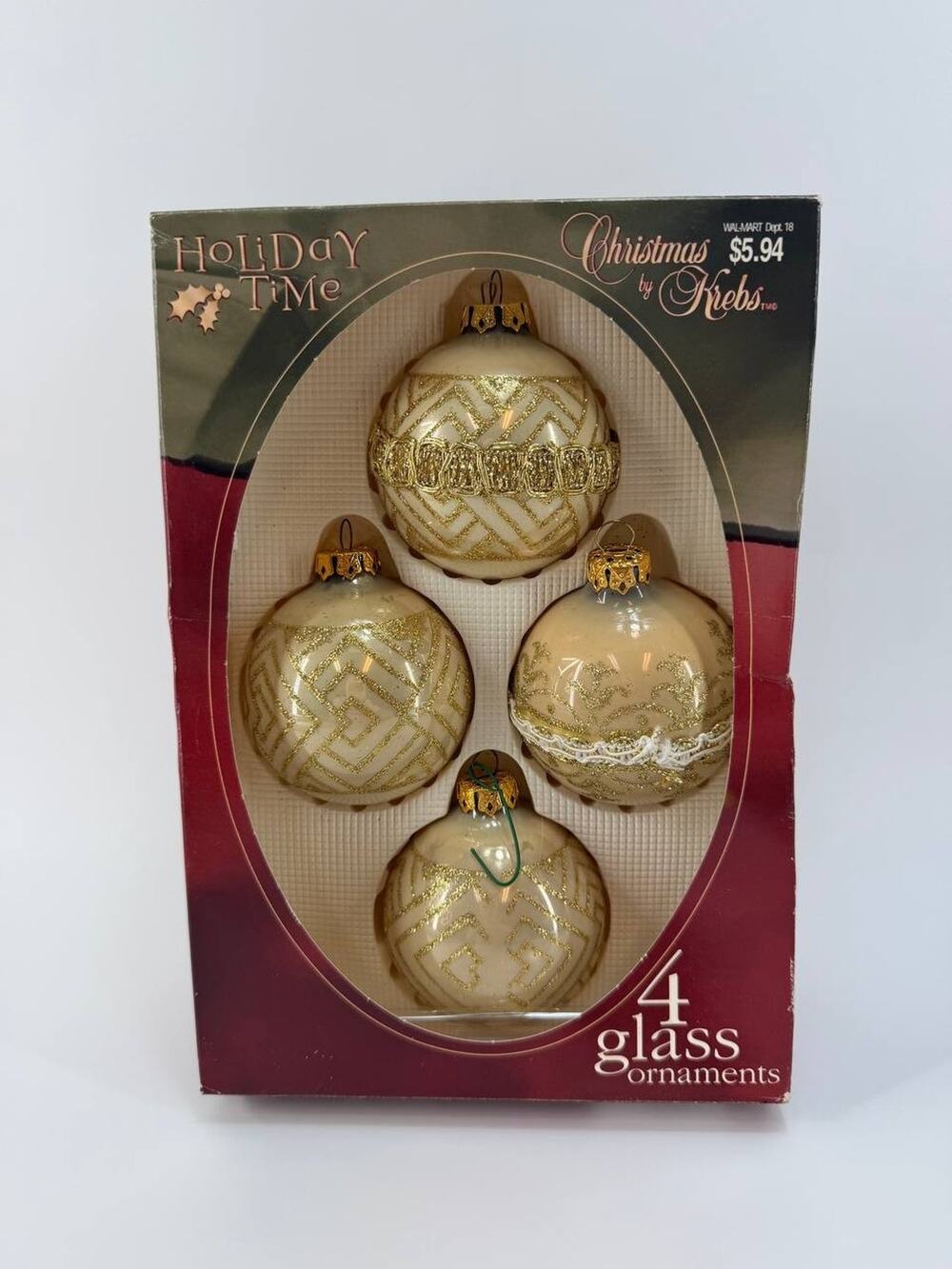 Christmas By Krebs Glass Ornaments Set 4 Gold White Holiday Time USA